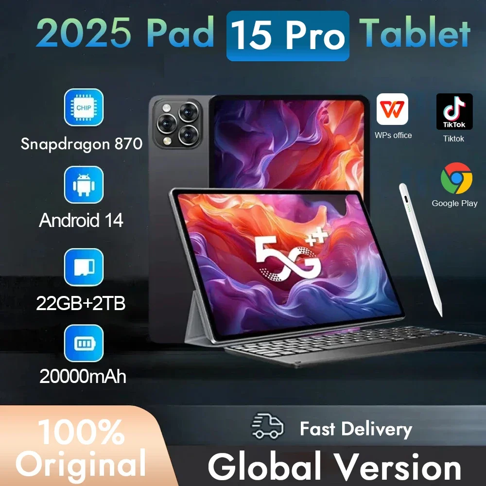

2025 Оригинальный планшетный ПК Pad 15 Pro Android 14 16 ГБ + 1 ТБ 20000 мАч Snapdragon 870 Планшетный ПК 5G Dual SIM-карта WIFI HD 4K Mi Tab