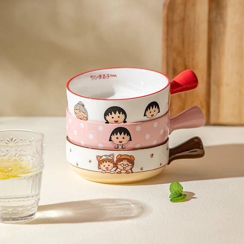 Kawaii Chibi Maruko-Chan Anime Cartoon Ceramic Handle Bowl Home Baking Bowl Oven Special Children's Bowl