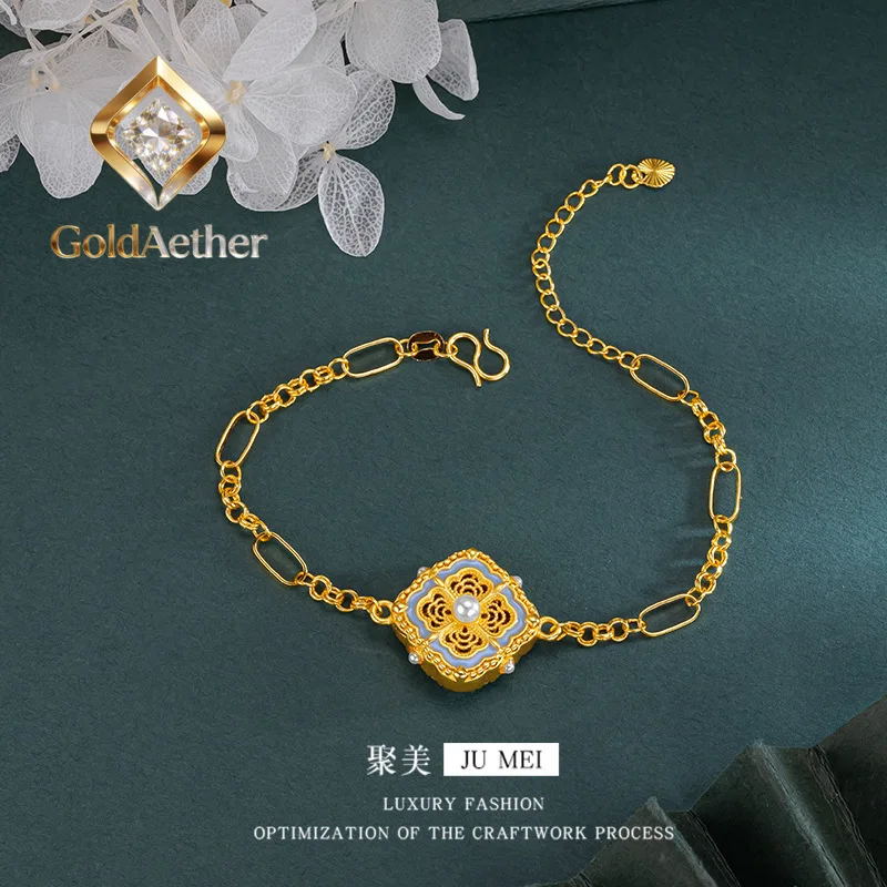 

GoldNouveau Luxury 24K 9999 Pure Gold real gold Ruyi Three-piece Set Flower Silk Pendant Women's Necklace Ring Bracelet