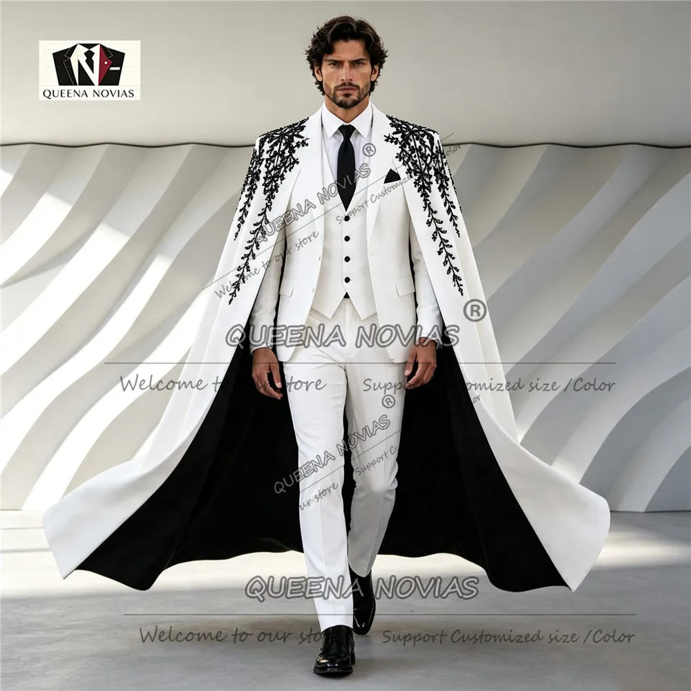 Exclusive Men's Suit For Wedding Black Beading Crystals Prom Blazer With Cape Long Customized Male Fashion Tuxedo 4 Piece Attire