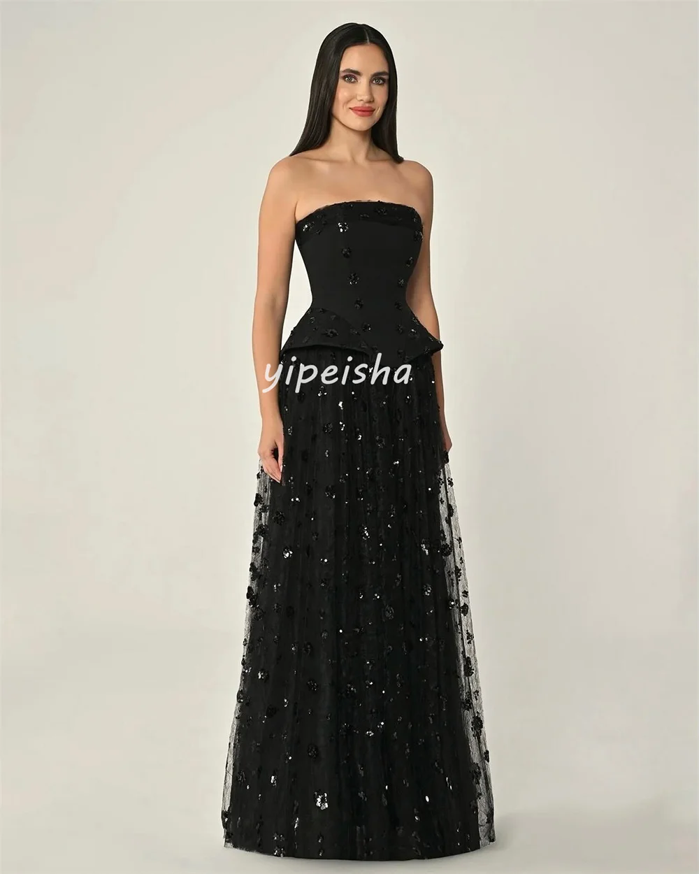 Gaun Panjang Tanpa Tali Model A-line Bunga Jersey Elegan yang Dapat Disesuaikan Gaun Acara Khusus Formal Elegan Berkualitas Tinggi