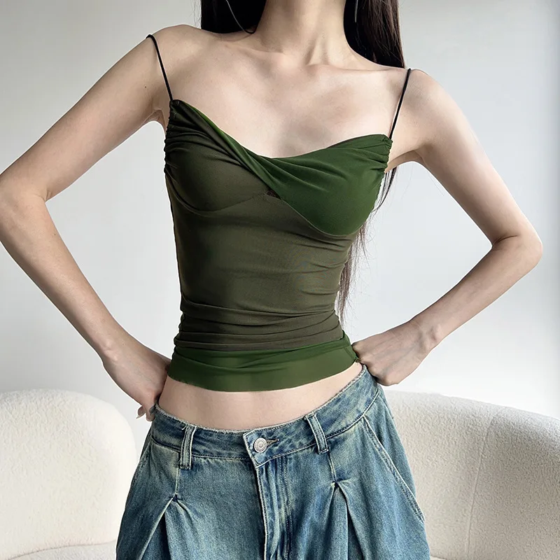Be Careful, Spicy Girl Style Twist Design, Color Blocked Mesh Suspender, Personalized Street Trend, New Slim Fit Short Vest