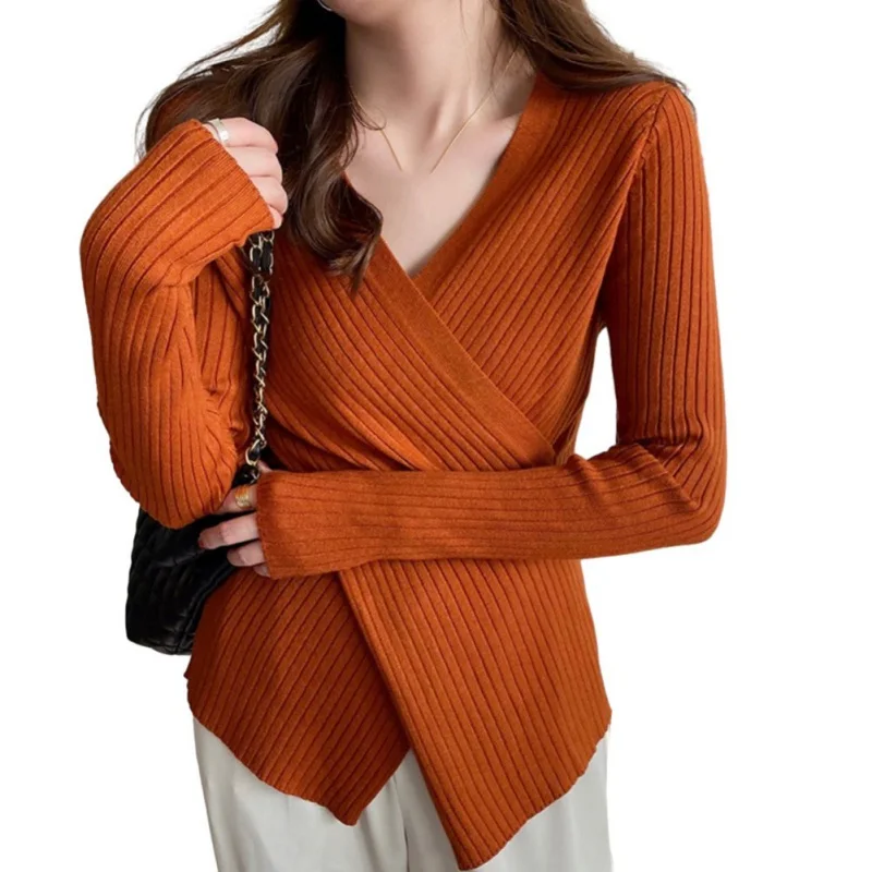 Elegant Women\'s Knitted Base Shirt Autumn V-Neck Cross Long Sleeve Sweater Ladies Slim-Fit Solid Color Casual Slim-Fit Top