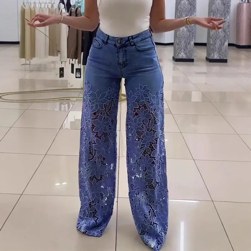 Streetwear botão bolso denim calças mulher casual crochê emendado renda oco para fora flor jeans primavera verão calças de cintura alta