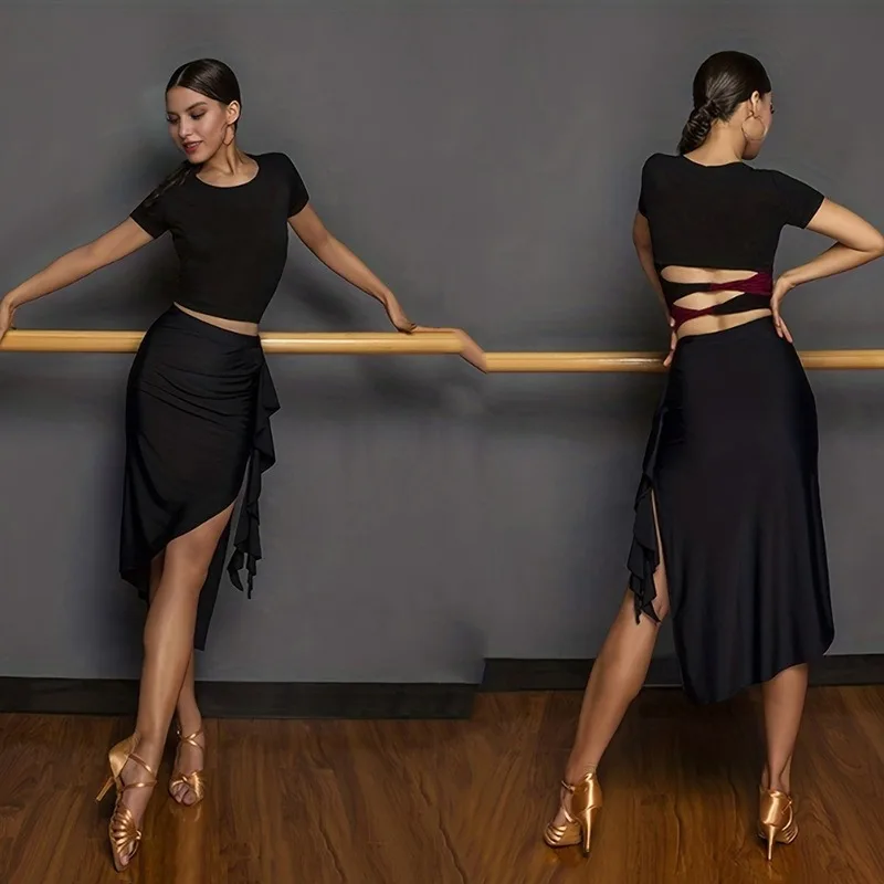 2026 Latin Dance Skirt Women High Waist Ruffled Pencil Wrap Ballroom Costume