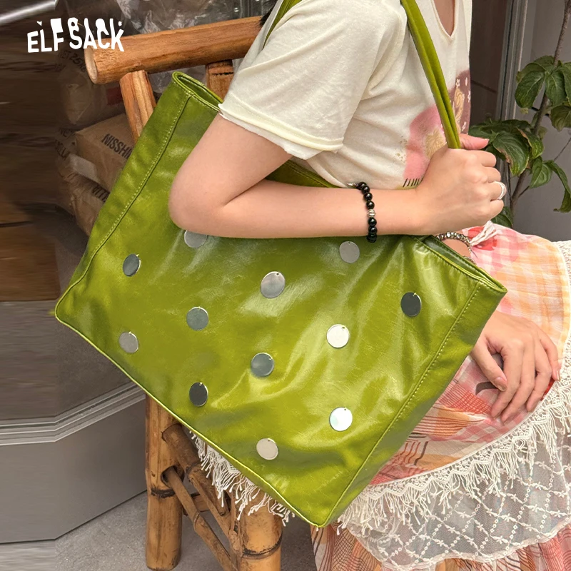 ELFSACK Glossy Green Polka Dot Metal Stud Tote Bag, Large Capacity Faux Leather Single Shoulder Shopping Bag for Daily Casual