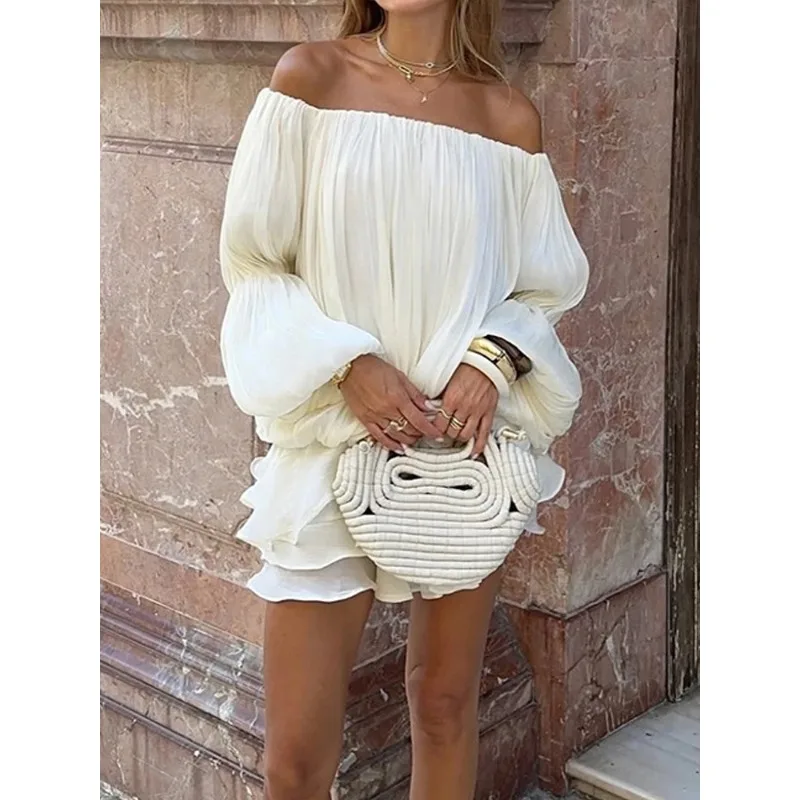 

Sexy Off Shoulder Pleated Ruffles Mini Dress Women's Elegant Hight Waist Solid Party Dress Fashion Chic Temperament Short Dress