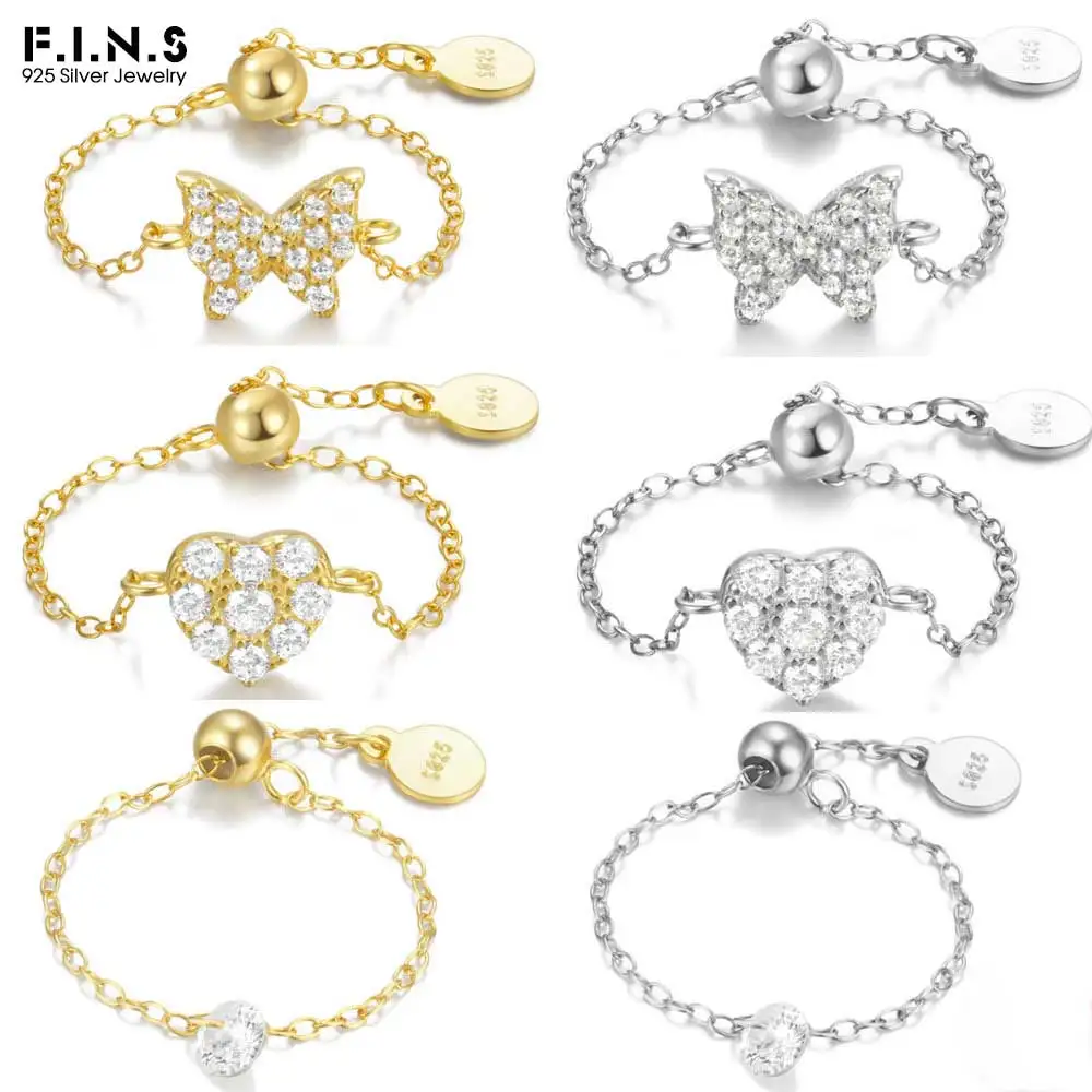 F.I.N.S 925 Sterling Silver Mini Single Round Heart Butterfly Zircon Finger Rings For Women Adjustable Open Chain Ring Jewelry