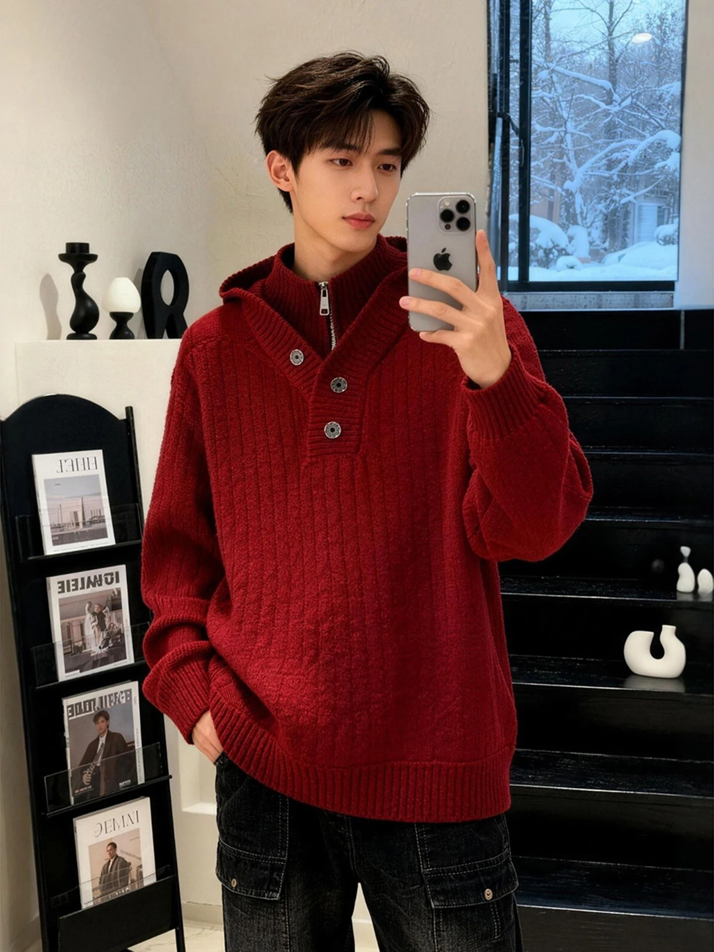 

Красный вязаный мужской зимний утепленный свитер на молнии с длинным рукавом из полиэстера для повседневной носки