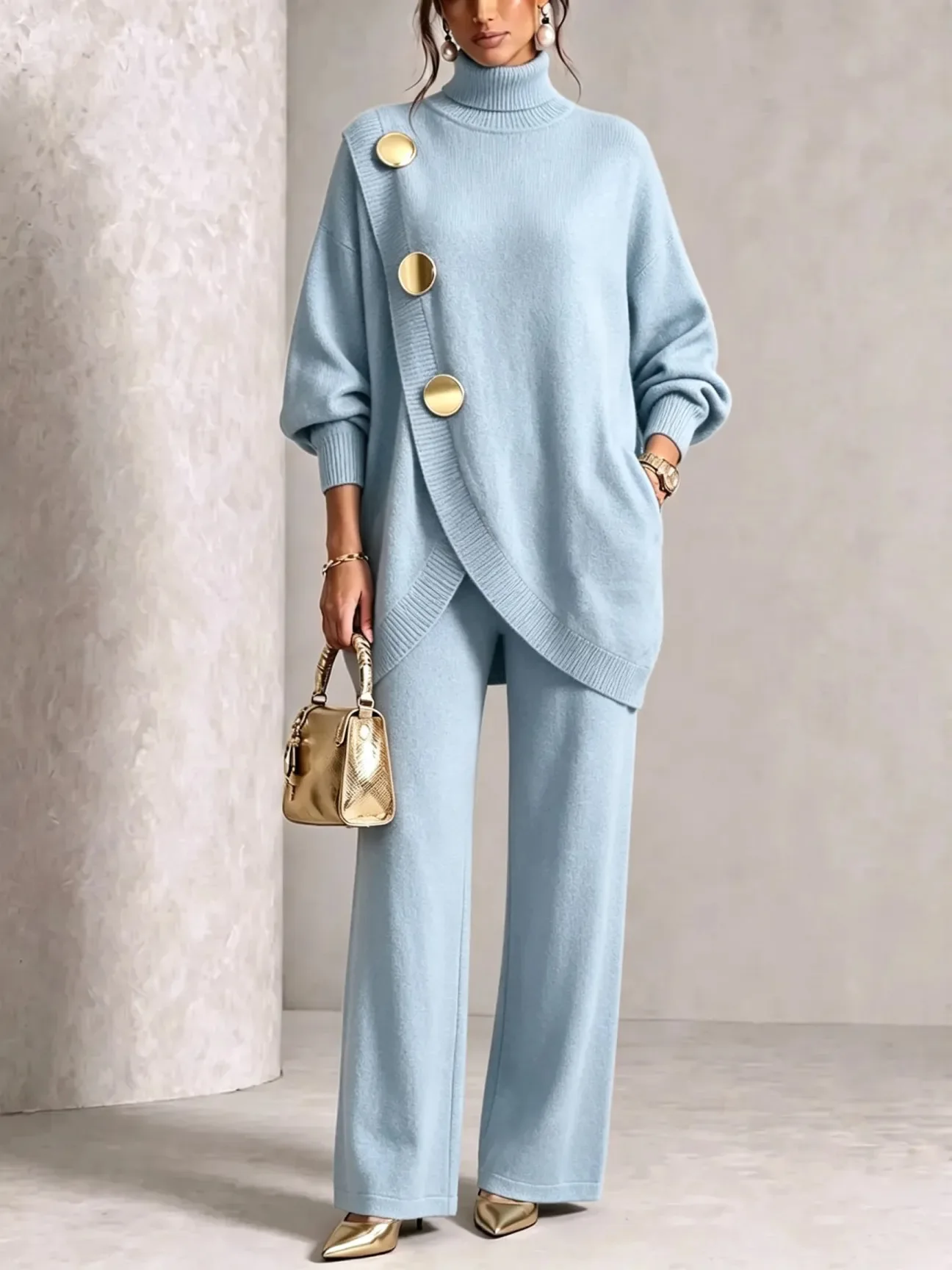 Autumn Winter Metal Button Knitted Two Piece Set Women New High Collar Sweater Wide Leg Long Pant Set Elegant Pullover Suits