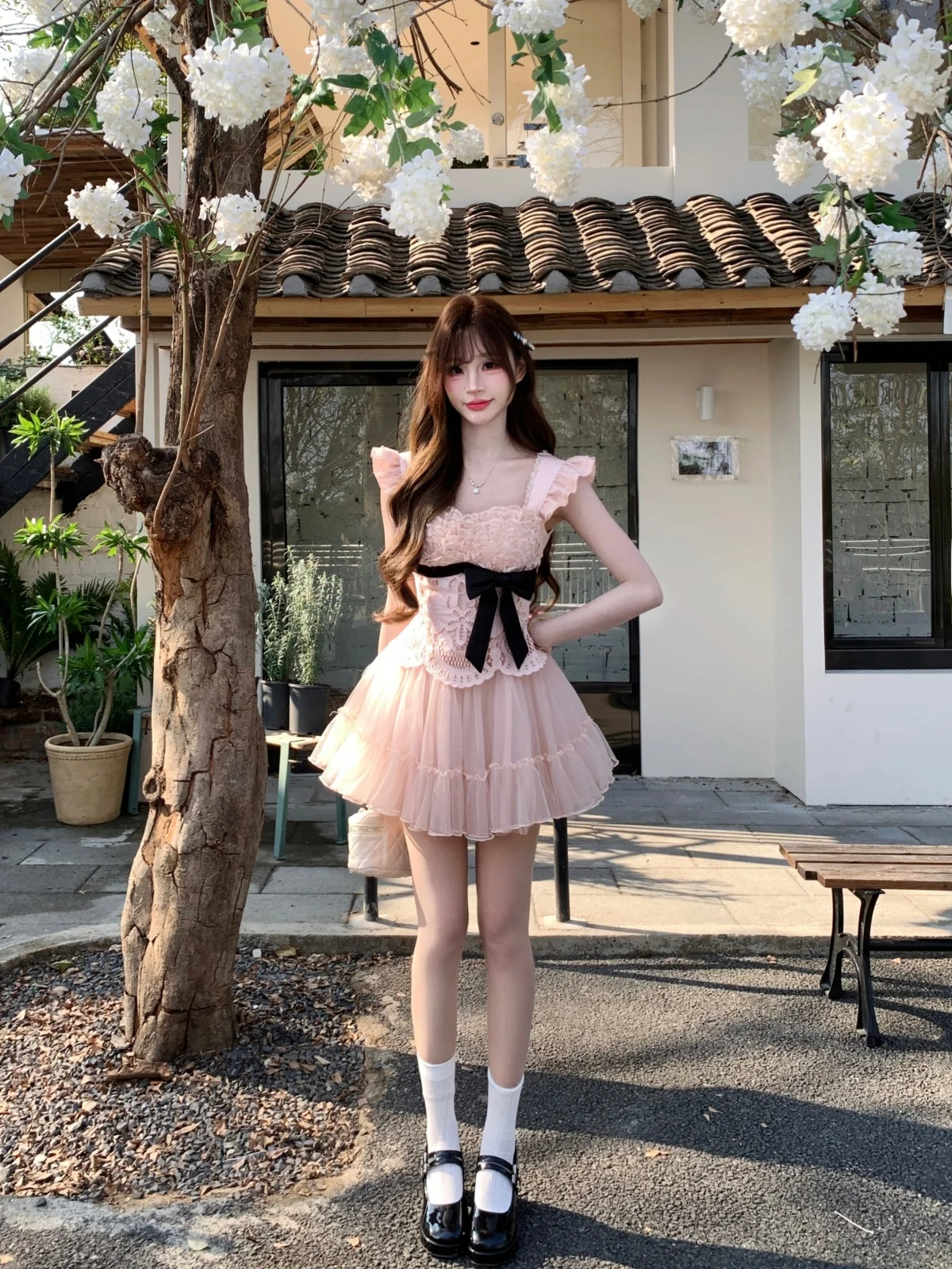 

Розовое кружевное платье принцессы с объемной вышивкой, бантом на талии и завязками, короткое бальное платье в стиле Sweet High Waist