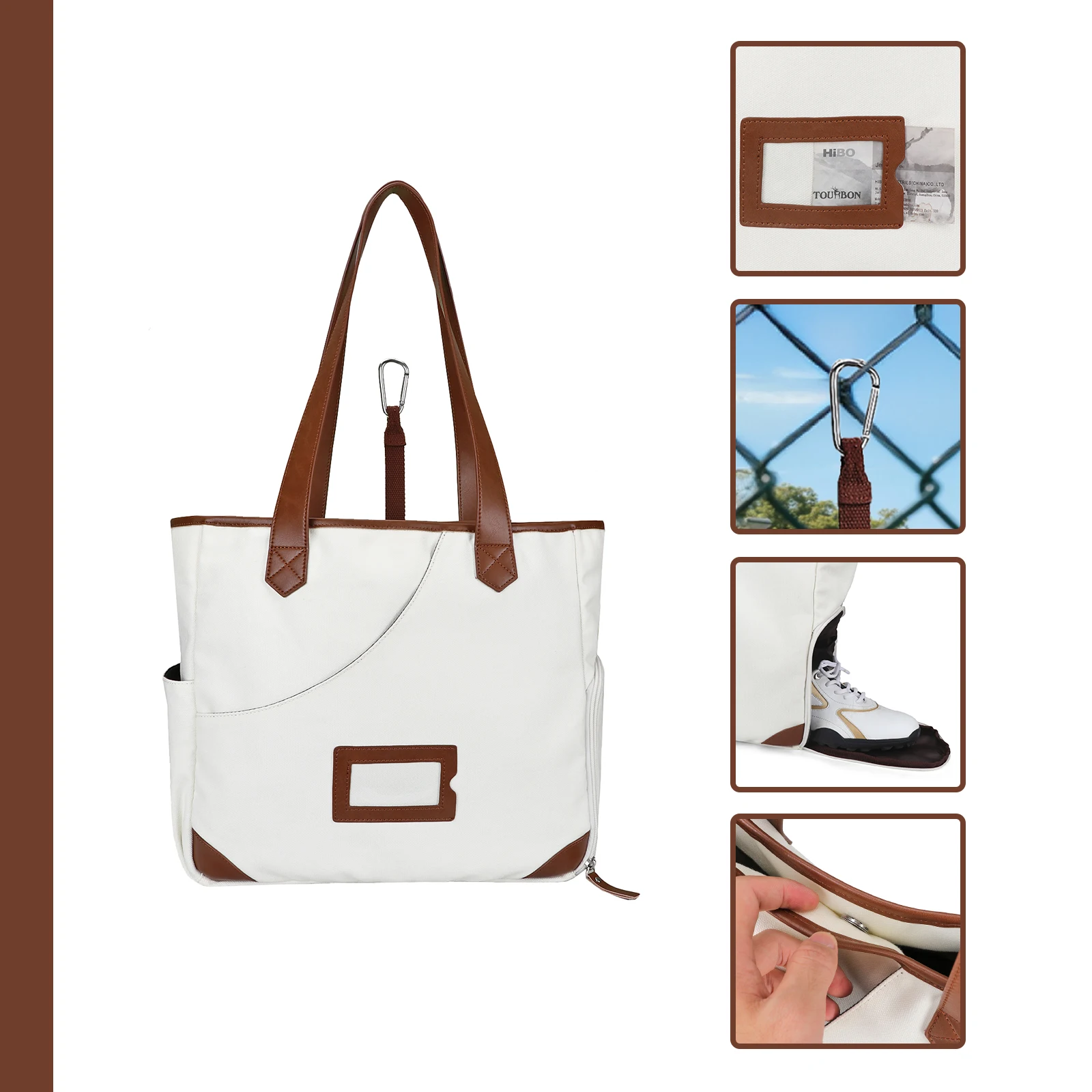 Tourbon Canvas Pickleball Paddle Shoulder Bag Sports Tote Padel Racket Bag with Shoe Compartment Large Capacity White