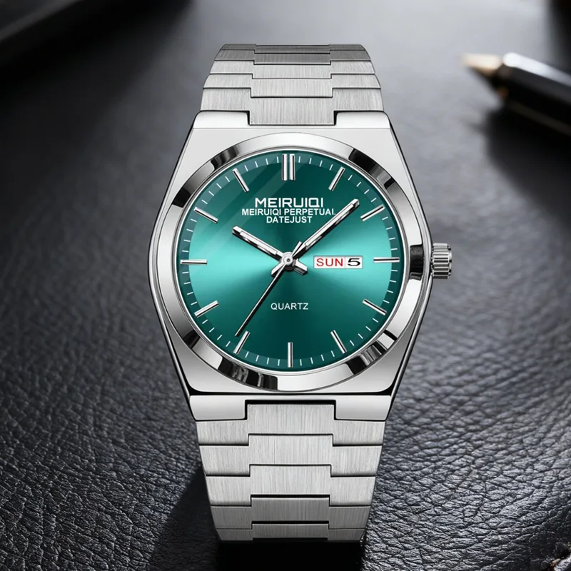 A handsome men's silver blue sports style watch with a Sunday calendar bar and quartz studs