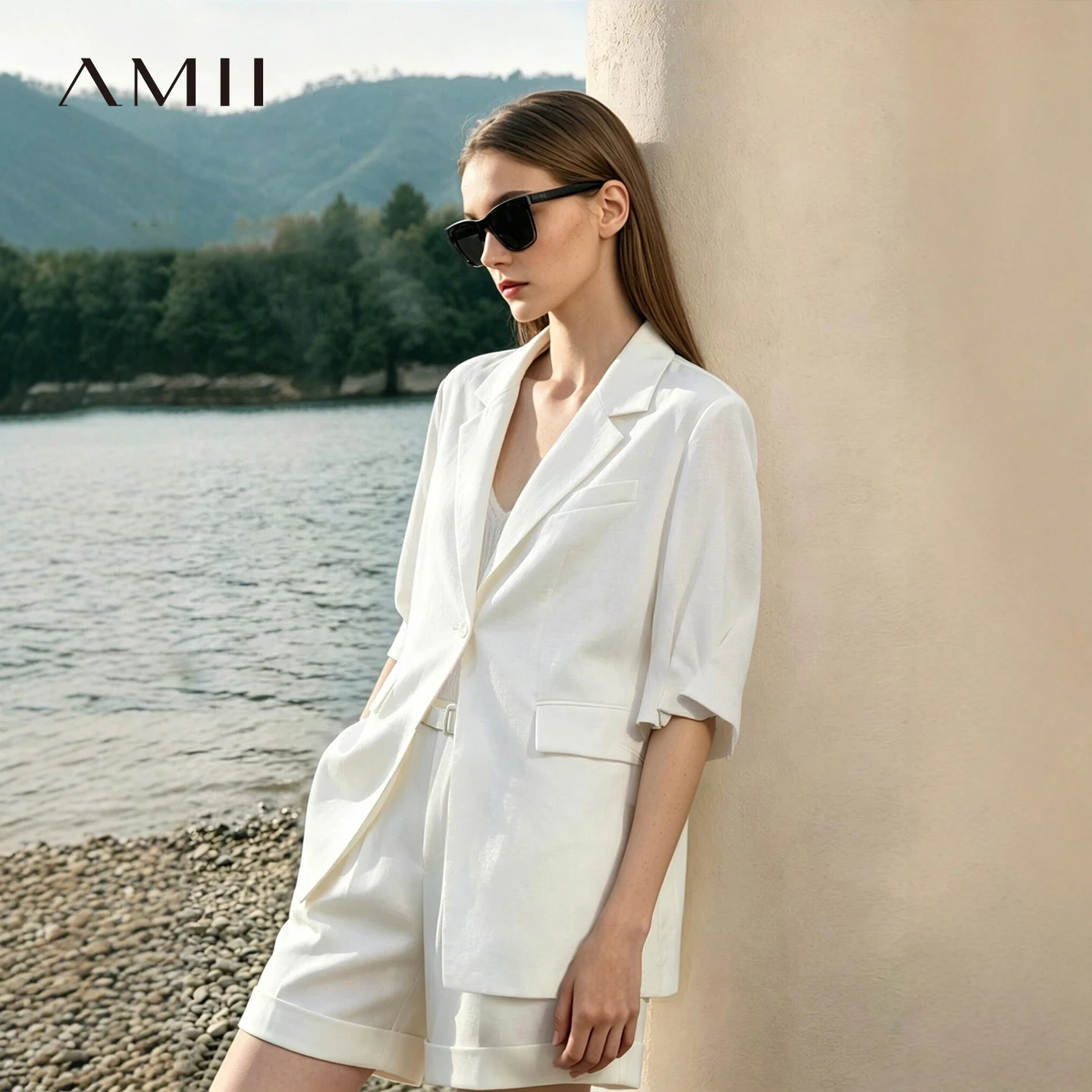 Amii Women's Blazer 2026 Summer New Notch Lapel Linen Blend Pleated Half Sleeve Jacket Casual Office Midi Length Coat 12642184