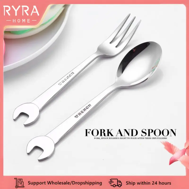 Stainless Steel Shovel Spoons Forks Wrench Shape Coffee Tea Spoon Cutlery Kitchen Ice Cream Dessert Fruit Fork Scoop Tableware