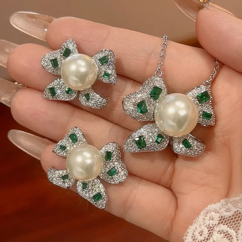 

Flower Bowknot Jewelry White Pearl Green Gemstones Floral Design Elegant Women's Necklace Earrings Dress Party Accessories Gift