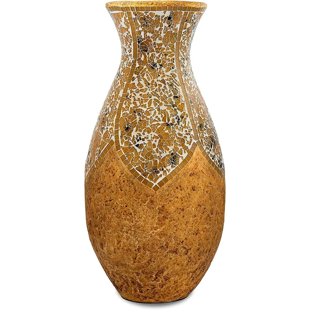 

Floor Vase, 18 Inch Mosaic Vase – Tall Cylinder Made of Terracotta with Yellow Tan Glass Mosaic Pieces,Handcrafted Home Décor.