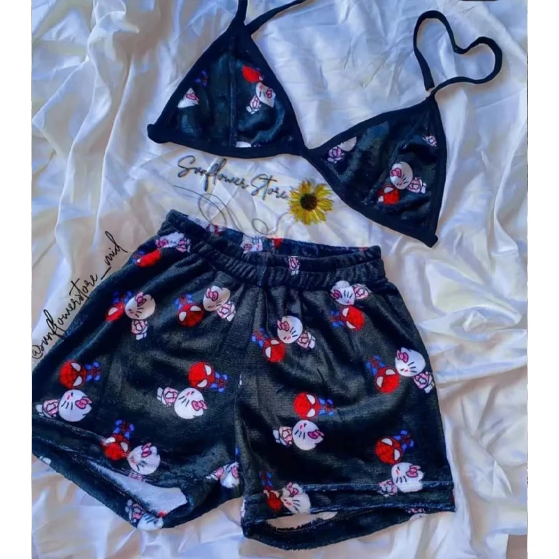 Trajes de pijama holgados de Hello Kitty para mujer, ropa de playa de dos piezas con dibujos animados Sanrio para dormir, ropa de salón para el