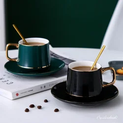 Nordic Coffee Cups and Rectangle Saucer Set Exquisite Gold Rim Black Tea Cup Breakfast Milk Cup Afternoon Tea Snack Plates 220ml