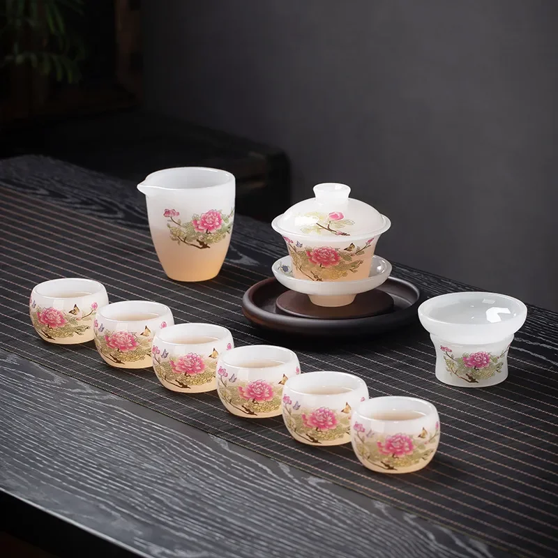 Elegant Ice Glazed Ceramic Tea Set with Lid Bowl and Cups Light Luxury Kung Fu Style Gift Box for Home Use Souvenir Present