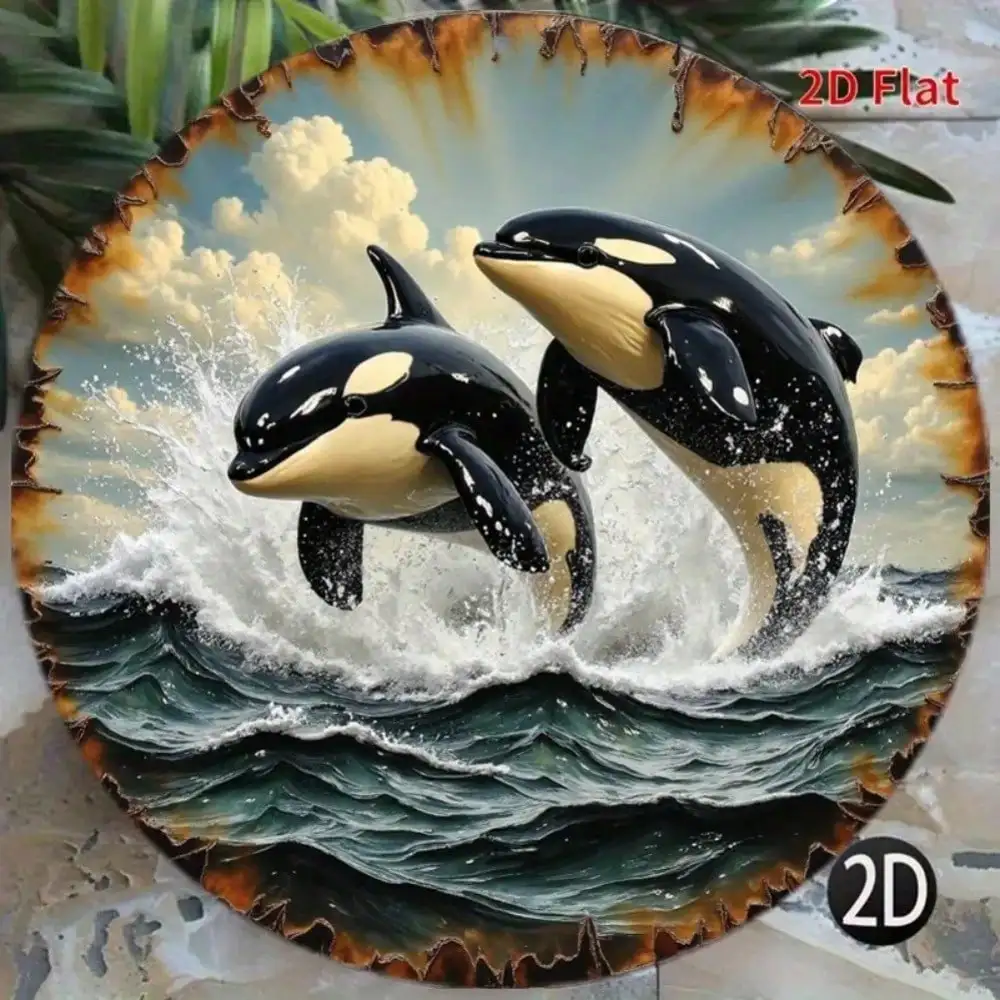 CIFBUY Coastal Dolphin Wave Aluminum Wall Art 8 Inch Waterproof Metal Sign For Beach Bar Outdoor Garden Home Decor