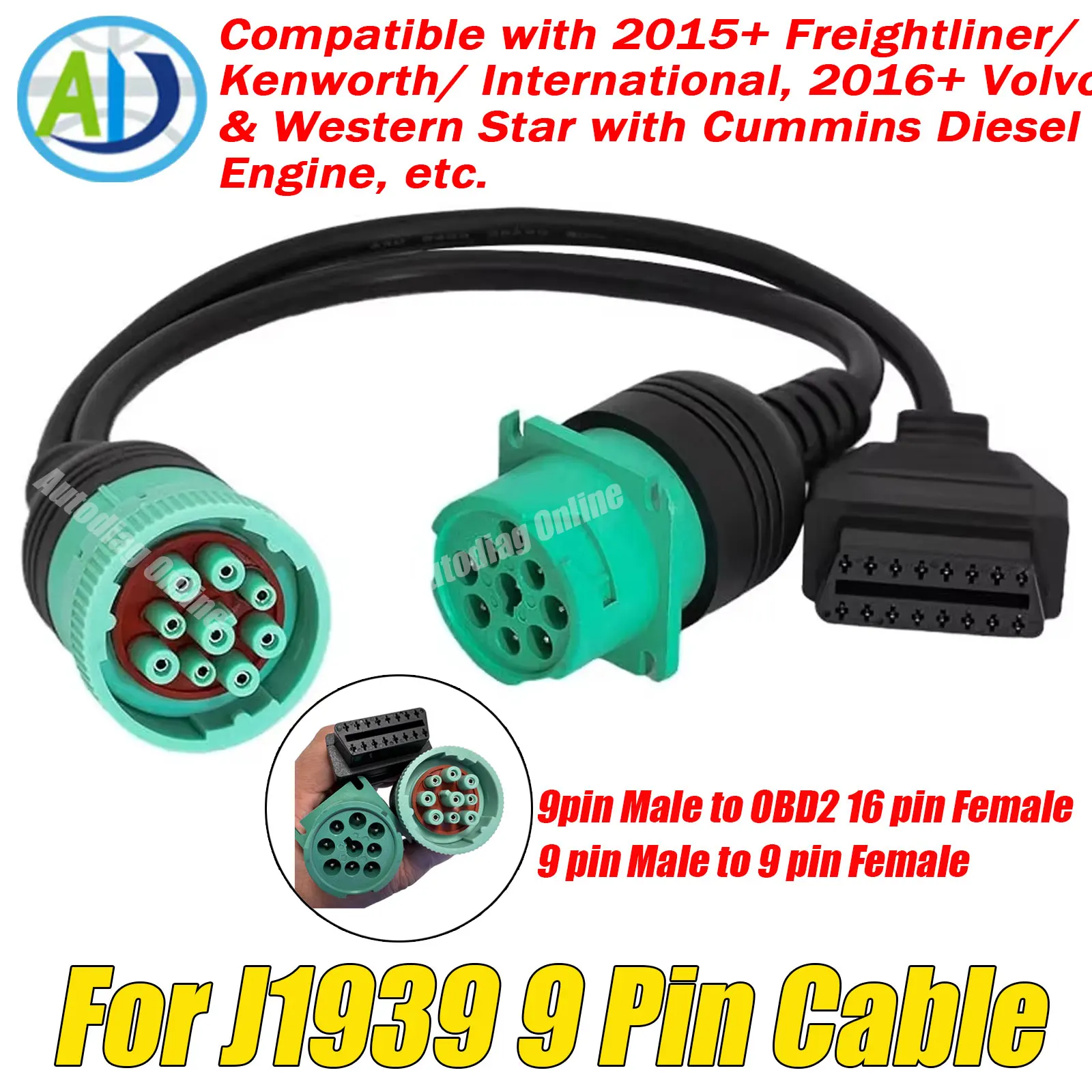 

Для J1939 OBD2 Кабель-адаптер для грузовика Cummins Y Разветвитель OBDII Удлинительный разъем 9-контактный на 16-контактный диагностический кабель OBD2 для грузовиков