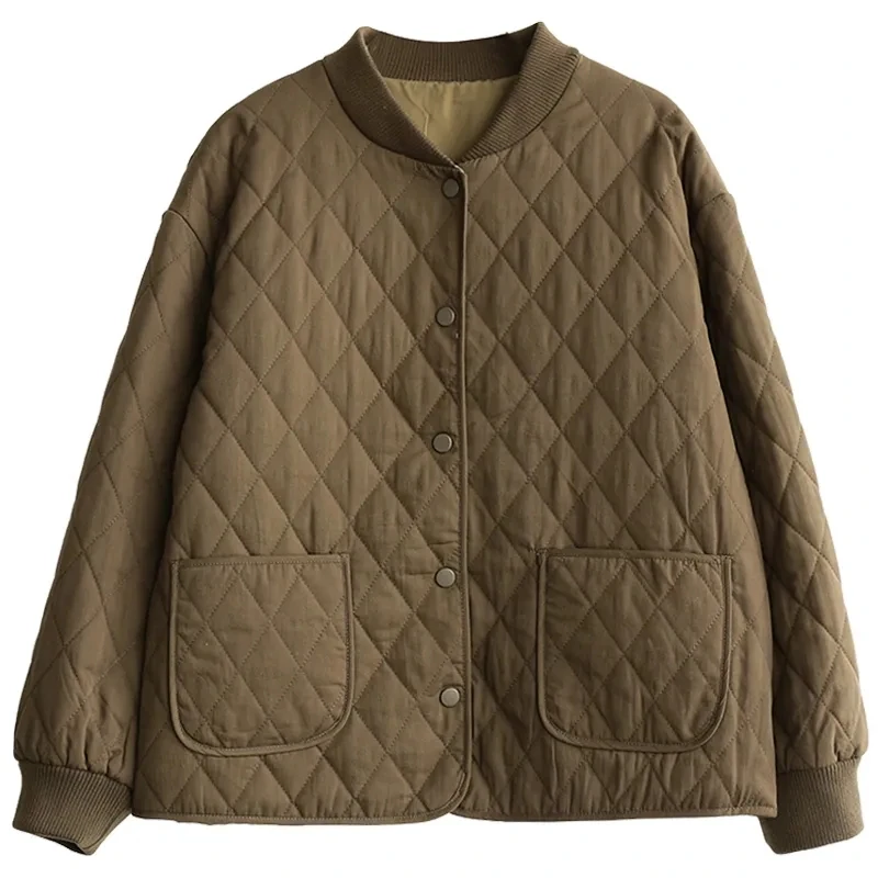 

2025 Autumn Winter New Diamond grid Cotton Lightweight Jacket Women's Loose Short Solid Coat Single breasted Ladies Casual Top