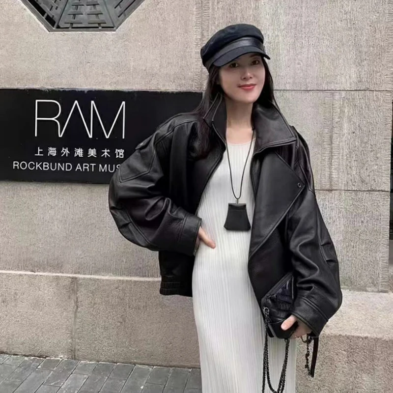سترة نسائية كبيرة الحجم من جلد البولي يوريثان لربيع وخريف بأكمام طويلة وسحاب ملابس فاخرة بتصميم عتيق ملابس خارجية أنيقة للشارع
