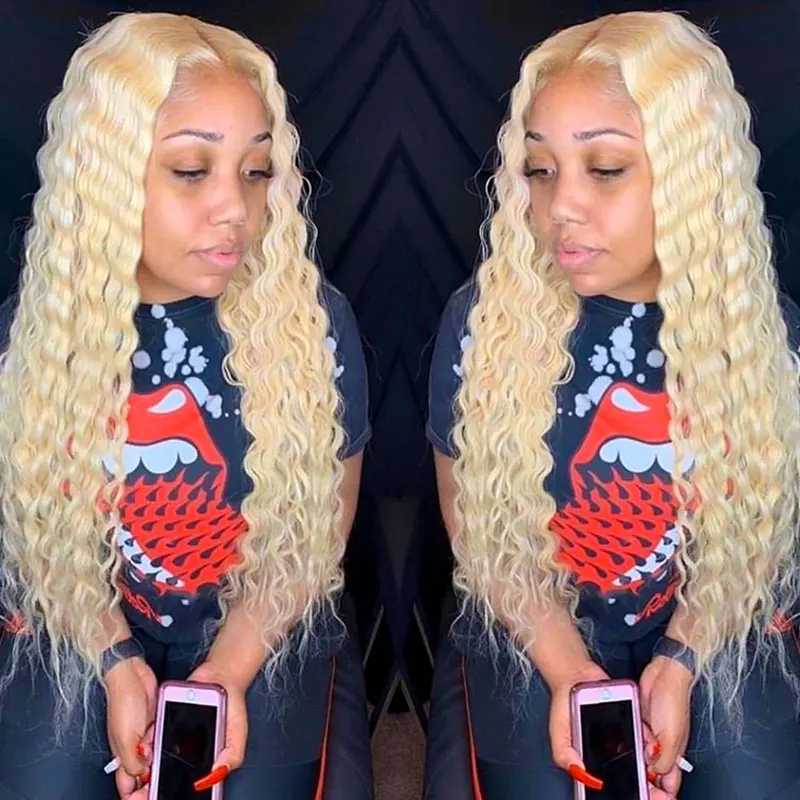 2/3 قطعة شعر بشري مموج عميق 613 حزم شقراء مع دانتيل أمامي 13x4 100% شعر عذراء برازيلي غير معالج درجة 12A 100 جرام/قطعة