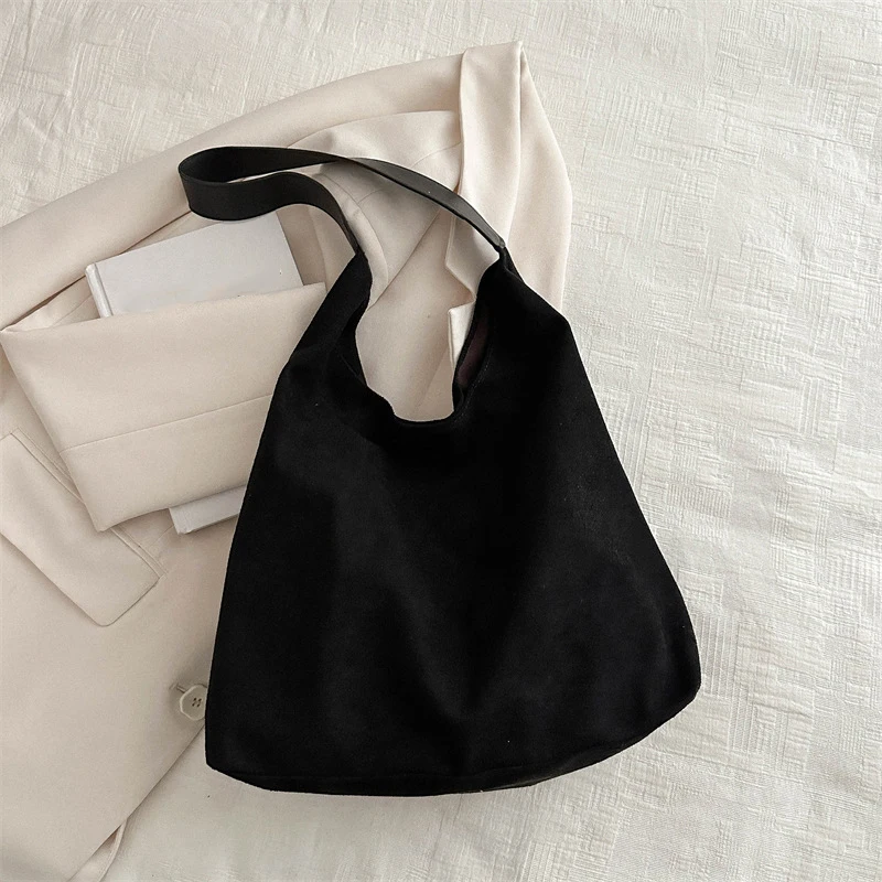 Vintage Damentasche, große Kapazität, Wildleder-Umhängetasche, einfarbig, schlichtes Design, lässige Pendler-Shopper-Tasche – Detail 3