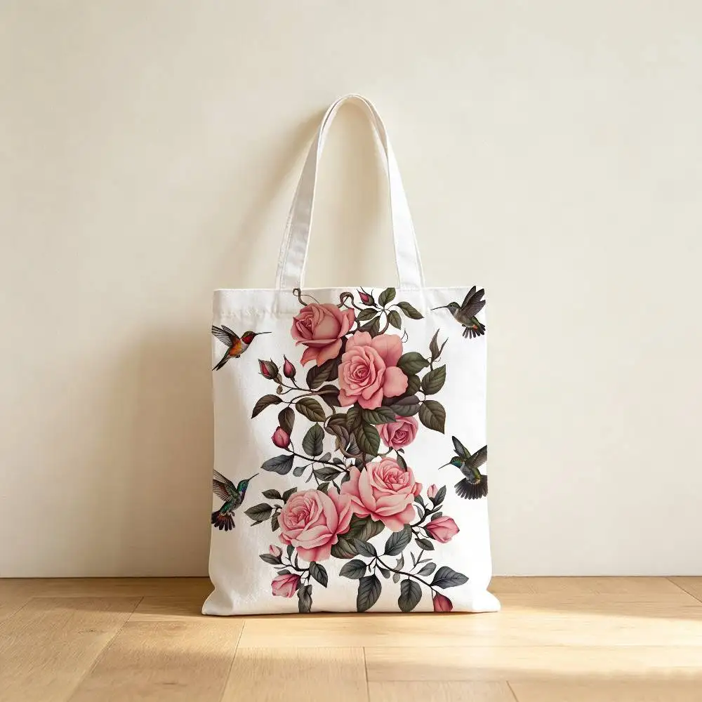Flower Canvas Tote Bag Waterproof Lining Large Capacity Reusable Shopping Bags Casual Student Daily Handbag