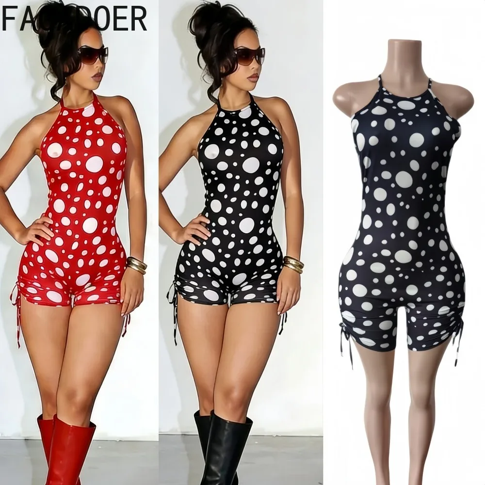 FAGADOER Sexy Polka Dot Print Patchwork Bodycon Rompers Woman Spaghetti Strap Open Back Jumpsuits Female Streetwear Overalls New