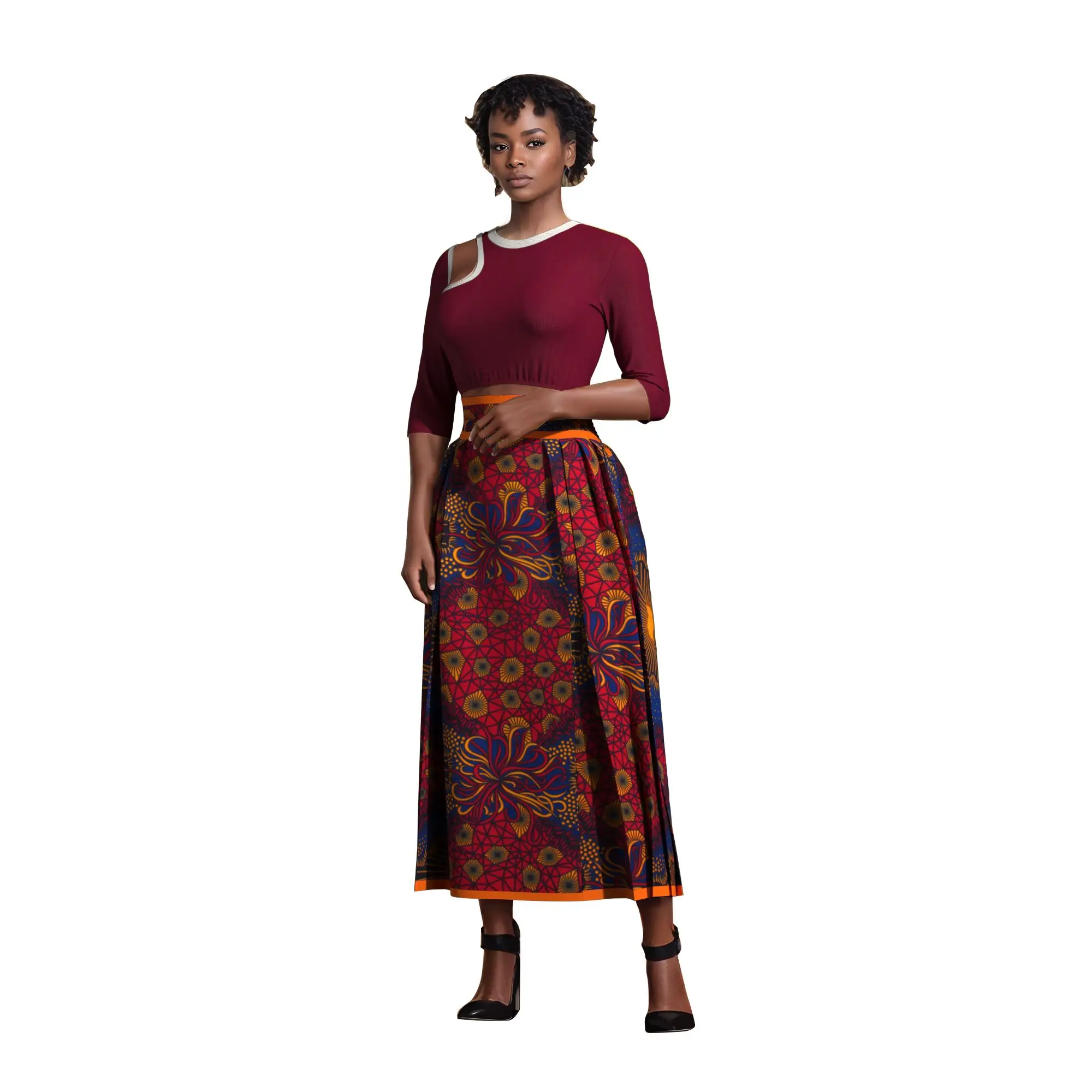 

Traditional African Ankara Dashiki Maxi Skirt Vibrant Floral Print High Waist Pleated Long Skirt Ethnic African Clothing WY10492