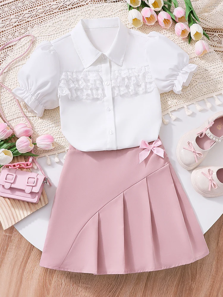 Spring And Summer Women's And Children's Cute And Elegant Shirt Collar Lantern Sleeve Top&Solid Color Shorts Two-Piece Set