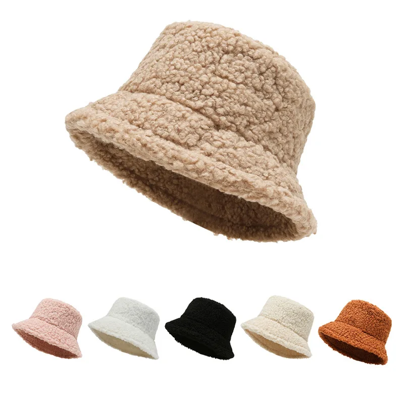 Bucket Hats Women Fuzzy Sherpa Hats Winter Hat Girl Warm Faux Fur Solid Windproof Vintage Fisherman Hat for Women Dropshipping