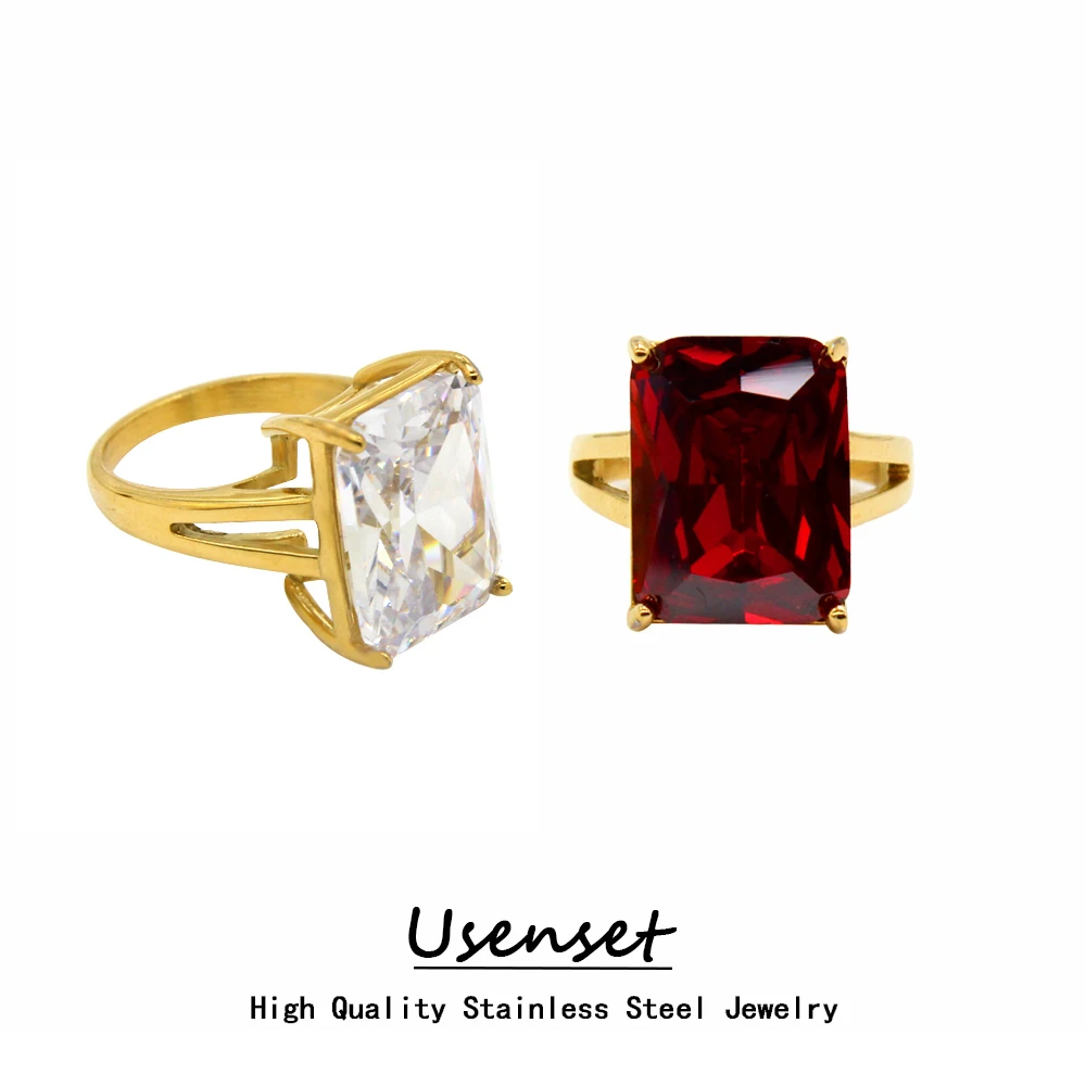 USENSET Shiny Big Square Zirconia Inlaid Stainless Steel Ring Unique High Base Charm Fine Jewelry for Men Women Waterproof