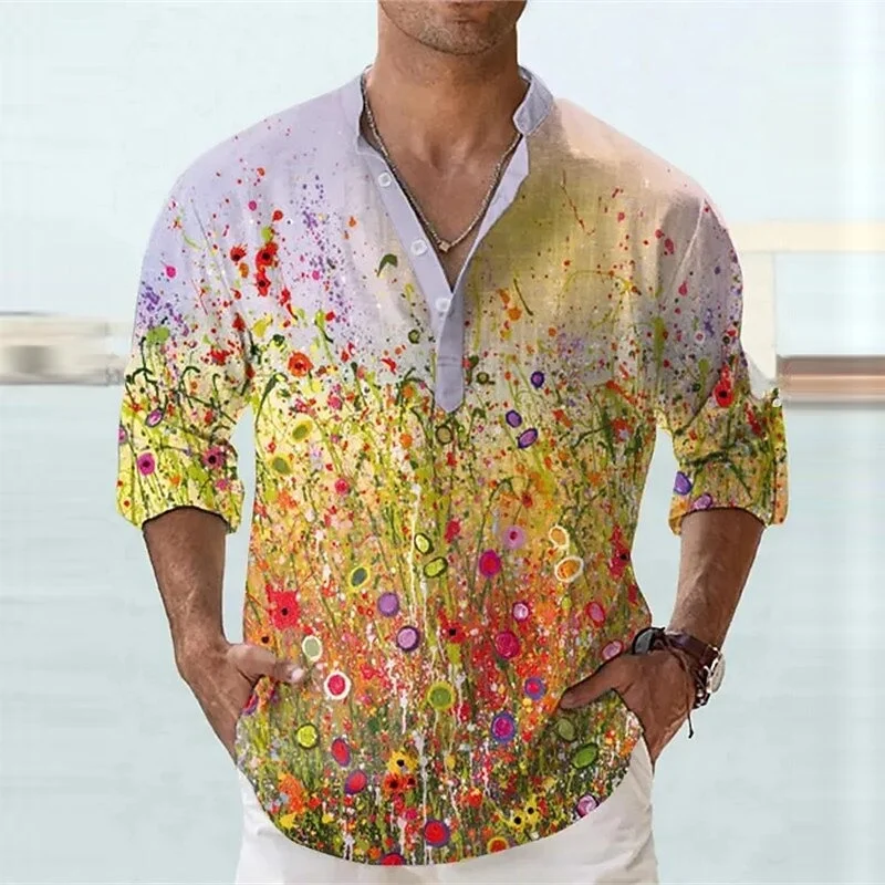 New ethnic style geometric 3D printed men's long sleeved shirt with Henry collar patchwork casual shirt
