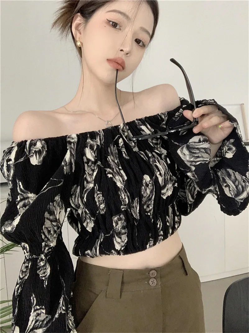 Nieuwe Chiffon Zomer Vrouwelijke Lichtgewicht Hotsweet Slash Hals Crop Tops Print Vlinder Mouw Chique Dames Feest Shirts Blouses