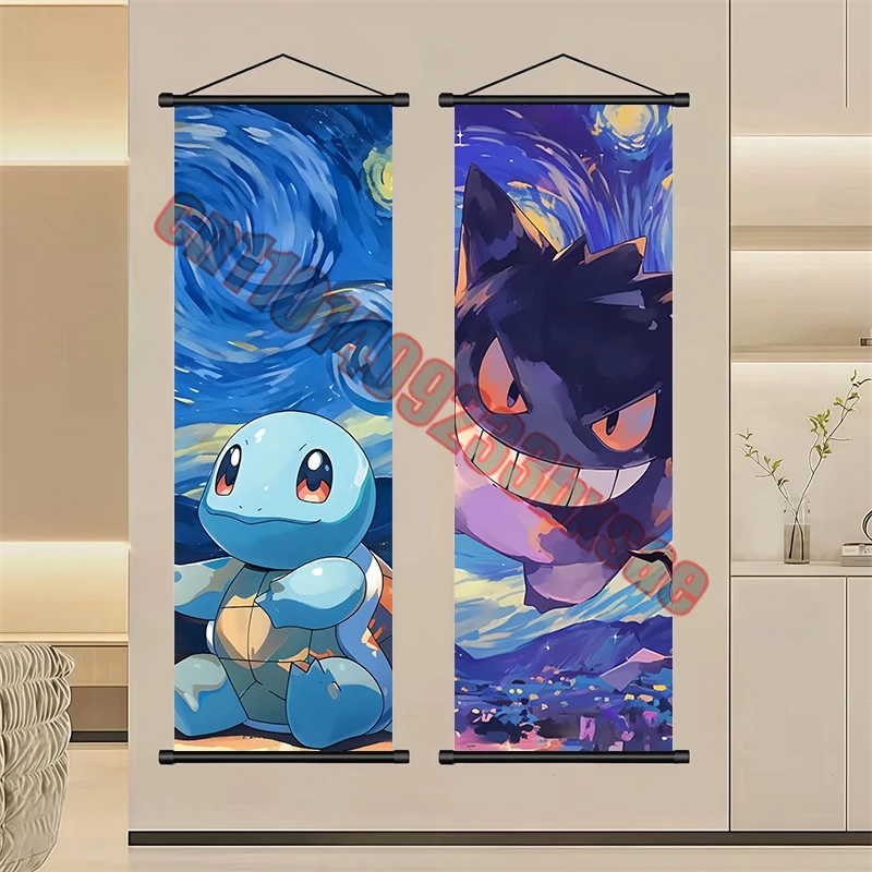 Classico Anime Pokemon Pikachu, Gengar Charmander, Squirtle Cielo stellato di Van Gogh Qualità Arte Poster Bobina Disegno Regalo per bambini