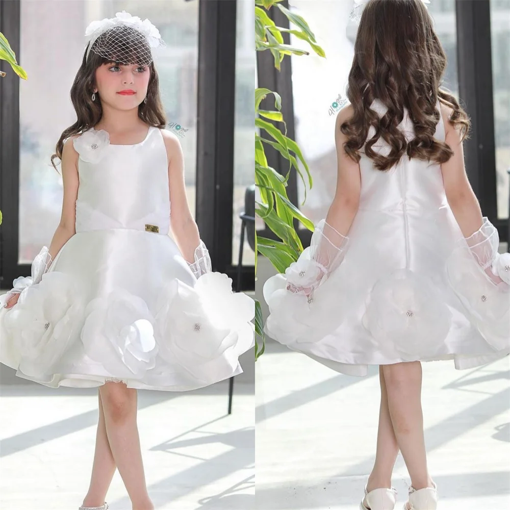 Customized Dearin Shoulder Girdle Ball Gown Knee Length Skirts Sleeveless Applique Flower Girl Dresses