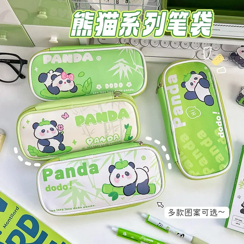 1 Piec Cute Cartoon Panda Pencil Case for Kids Green Color Series Kawaii Panda Pencil Bag High Capacity Stationery Storage Bag