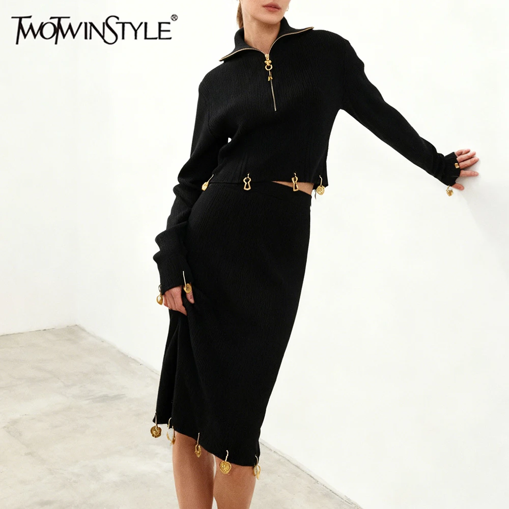 

TWOTWINSTYLE Solid Spliced Sequined Two Piece Sets for Women Lapel Long Sleeves Top High Waist Skirt Minimalist Set Female New