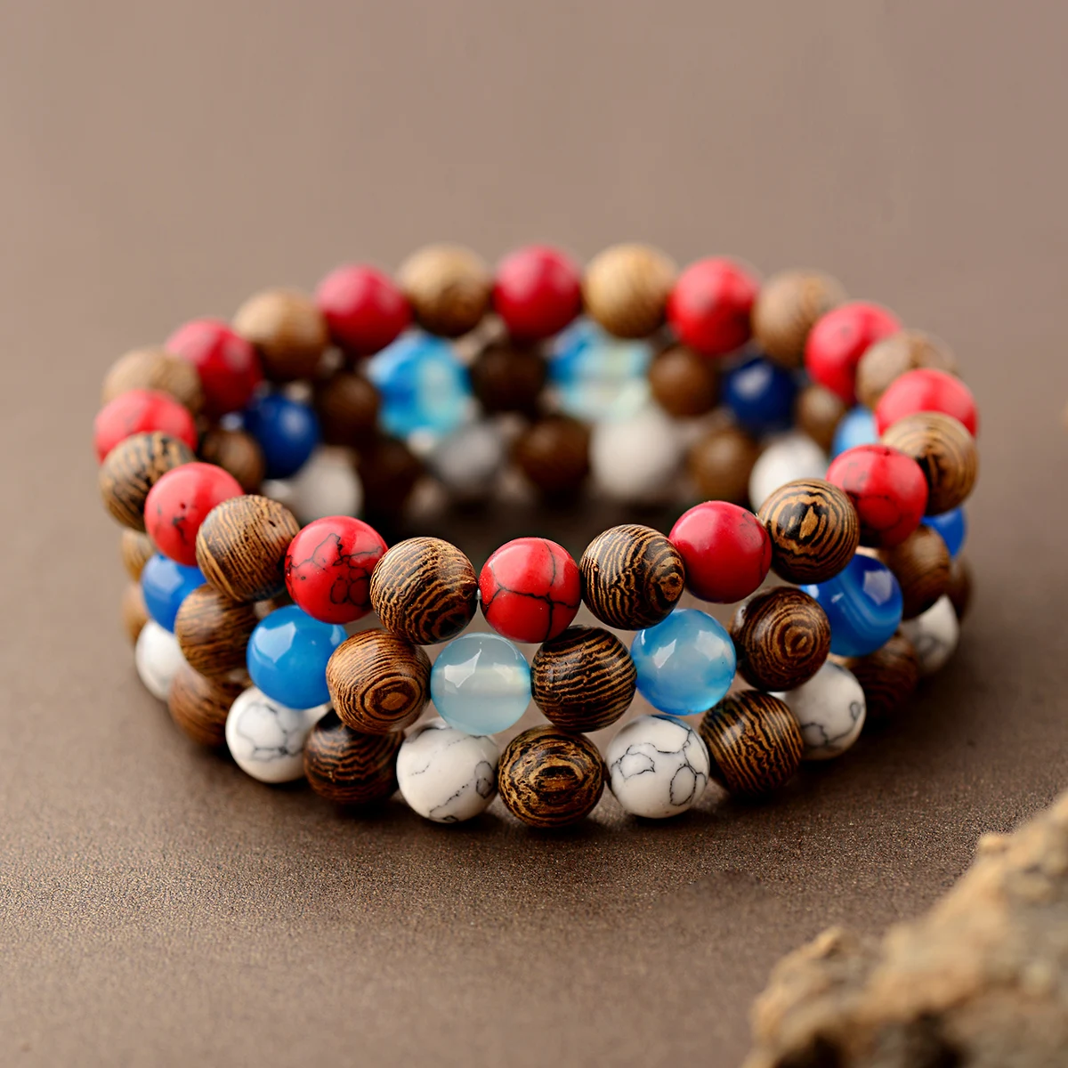 Bohemia 8MM Wood Beaded Bracelet For Men Women Natural Red&Whie Turquoises Yoga Healing Buddhism Elastic Bracelet