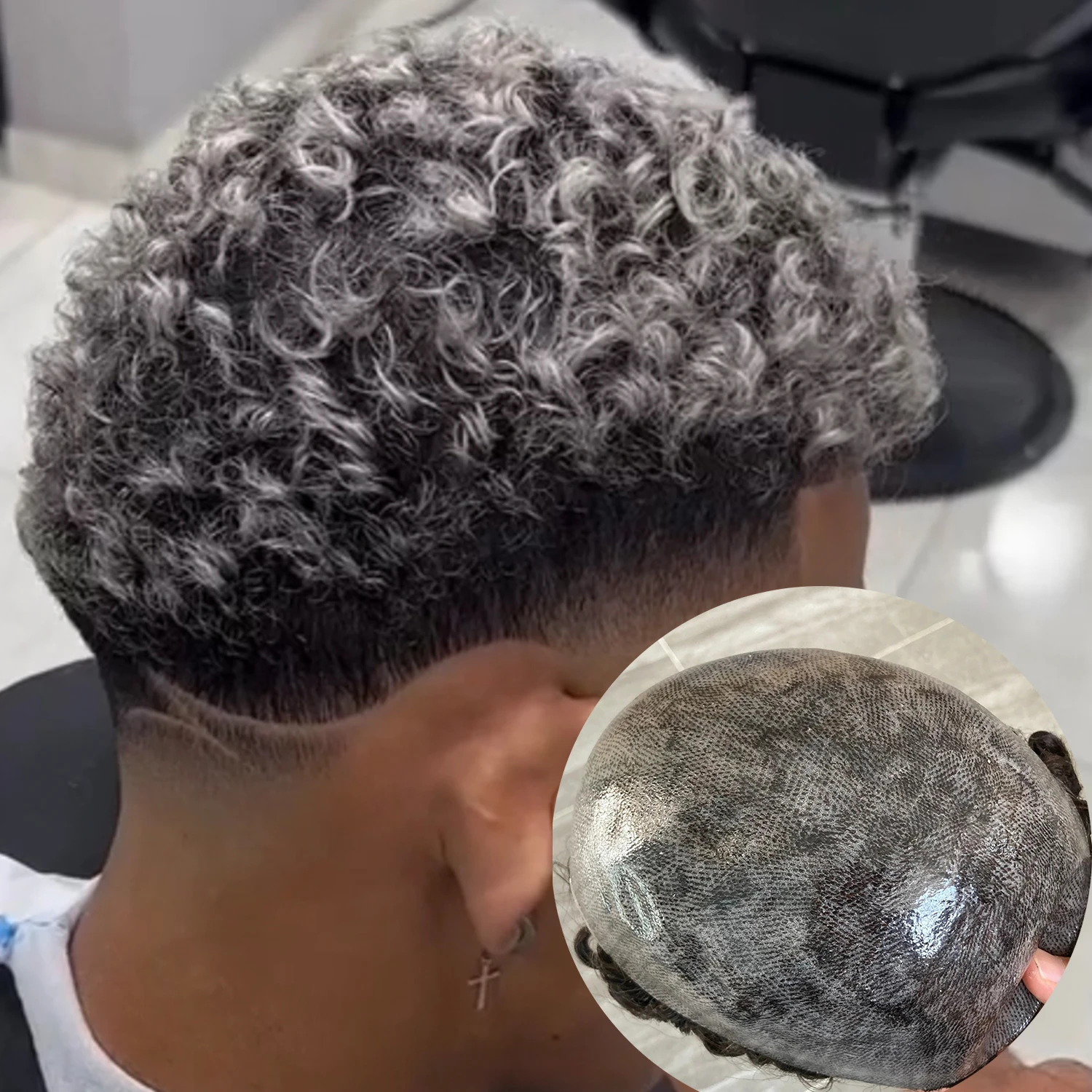 

Afro 15mm Curly Old Man's Toupee For Men African American Wigs Grey Black 1b50 Human Hair Invisible Skin Pu Replacement Prosthes