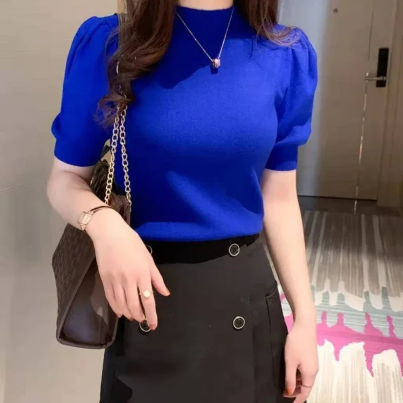 Camiseta ajustada de verano para mujer con mangas cortas abullonadas jersey de cuello alto blusa de punto elástica camisetas de Color sólido