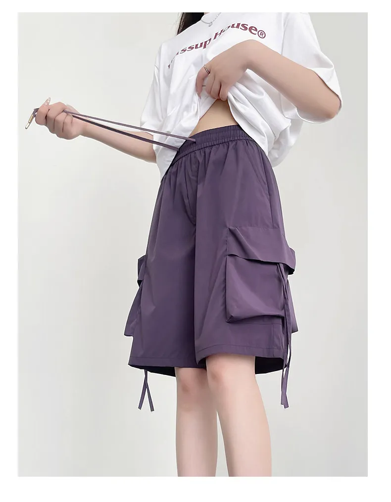 Purple Cargo Long Shorts for Women Summer High-Waist American Casual Sporty Quick Dry Petite Wide-Leg Knee-Length Shorts