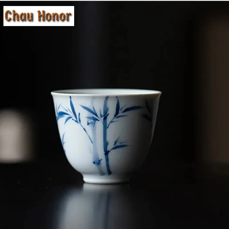 

2pc/Set 45ml Boutique Pure Hand-painted Green Bamboo Art Ceramic Tea Cup Trumpet Hospitality Single Master Cup Kung Fu Teaware