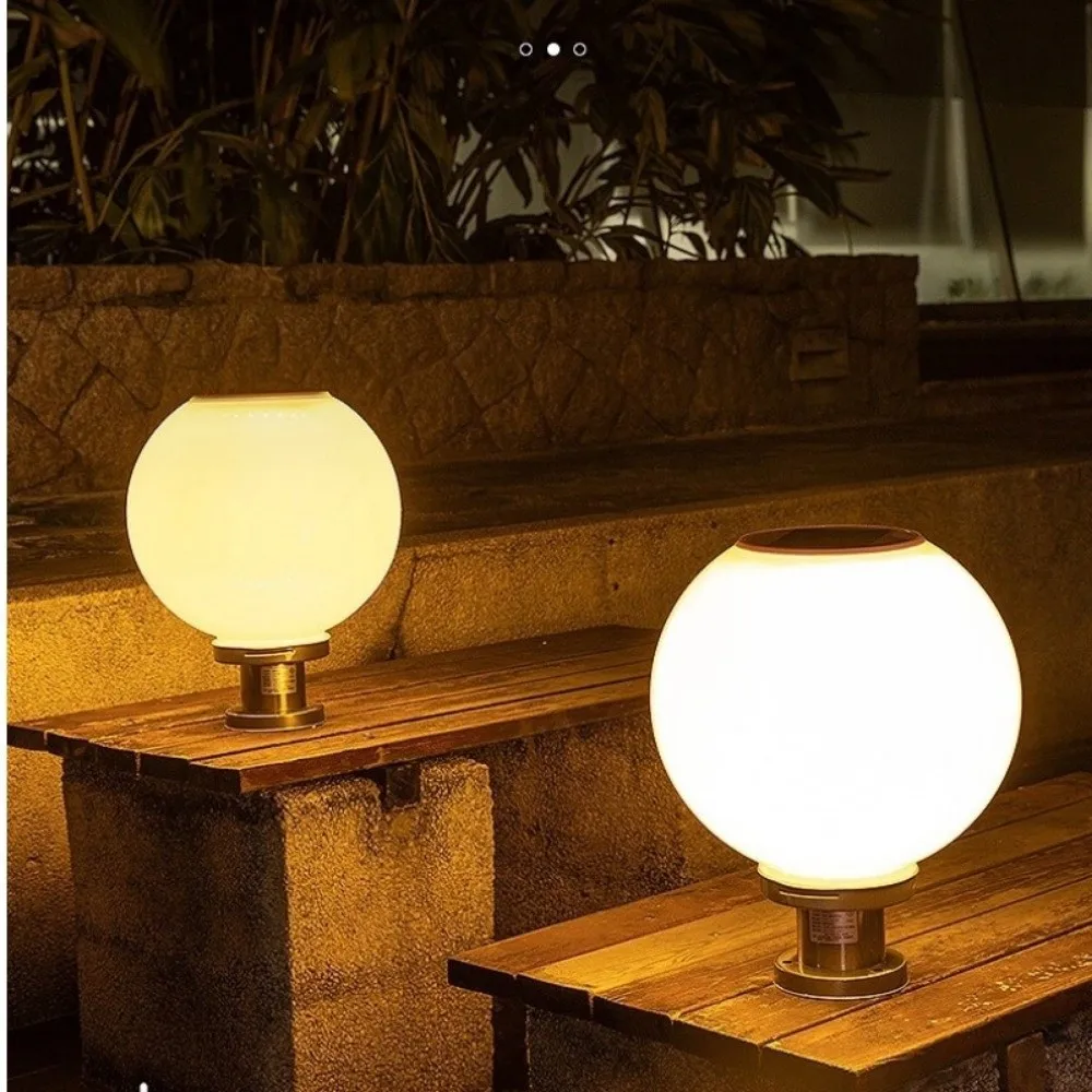 20/25CM Pillar Lamp Waterproof 3 Color Solar Cell Pillar Lamp Stainless Steel Intelligent Light Control LED Round Ball