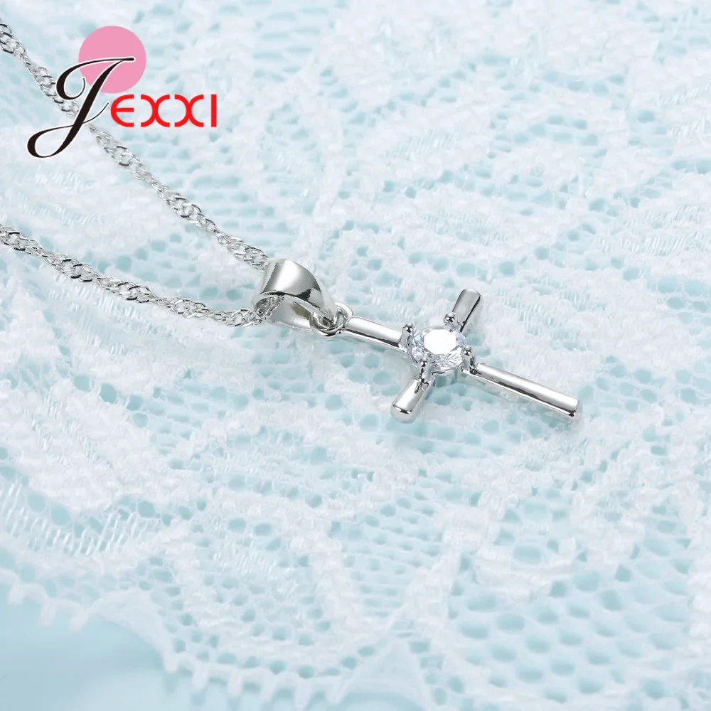925 Sterling Silver Jewelry Set With Cross Shape White Crystal Pendant Necklace Hoop Earring Sets For Women Wedding Party