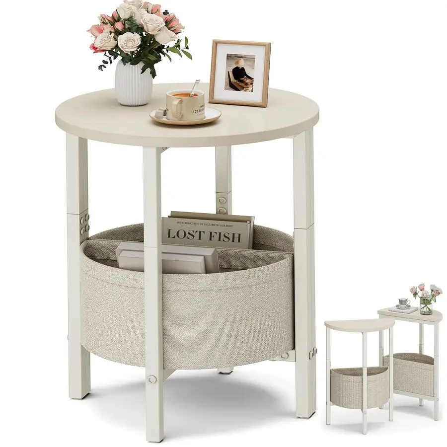 

Small Round Side Table End Table, Tall Accent Table with Storage Basket, Set of 2 Half Round Tables Half Moon Tables, Coffee Bed